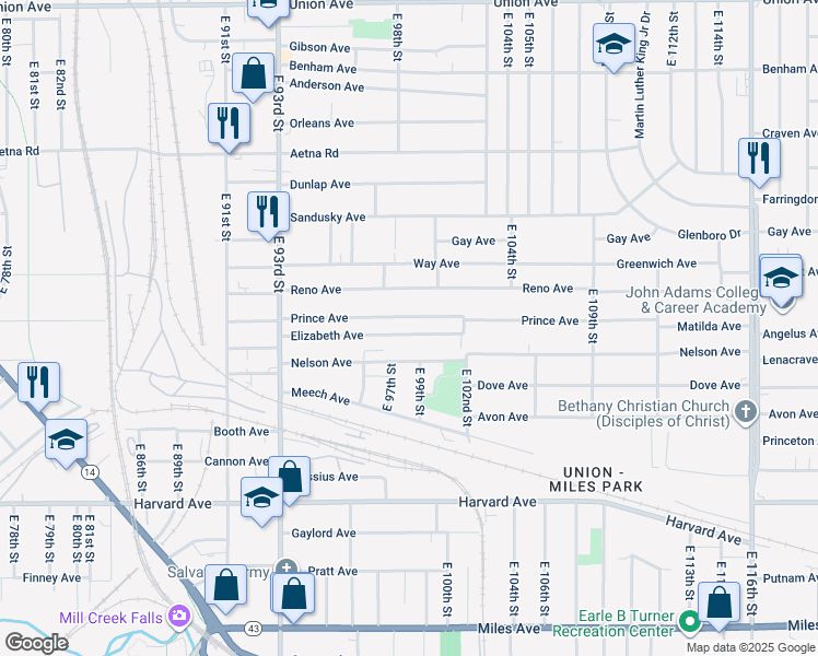map of restaurants, bars, coffee shops, grocery stores, and more near 9811 Elizabeth Avenue in Cleveland