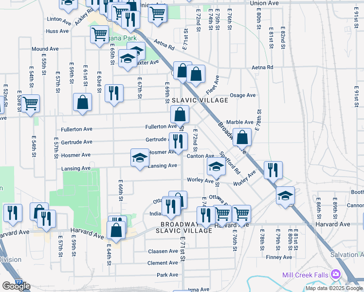 map of restaurants, bars, coffee shops, grocery stores, and more near 3836 East 71st Street in Cleveland