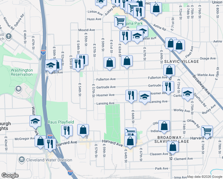 map of restaurants, bars, coffee shops, grocery stores, and more near 6002 Gertrude Avenue in Cleveland