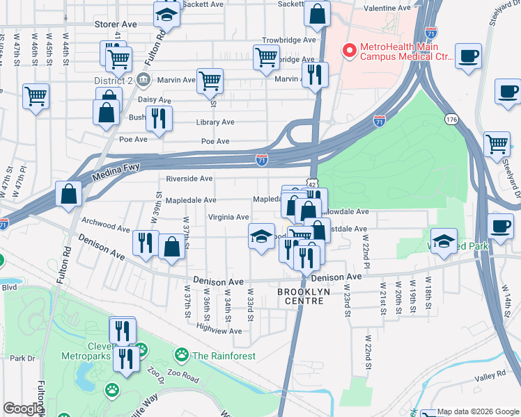 map of restaurants, bars, coffee shops, grocery stores, and more near 3714 West 33rd Street in Cleveland
