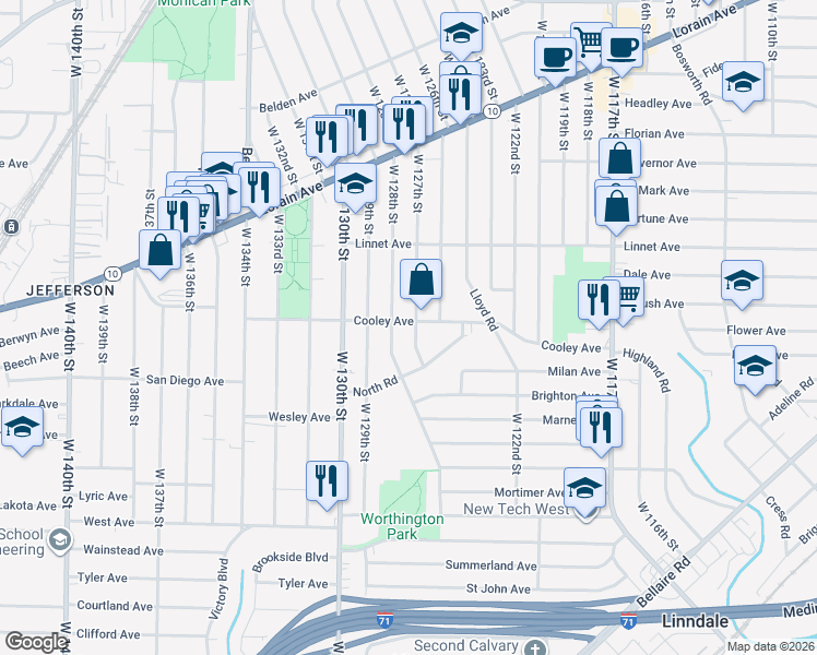 map of restaurants, bars, coffee shops, grocery stores, and more near 3620 West 127th Street in Cleveland