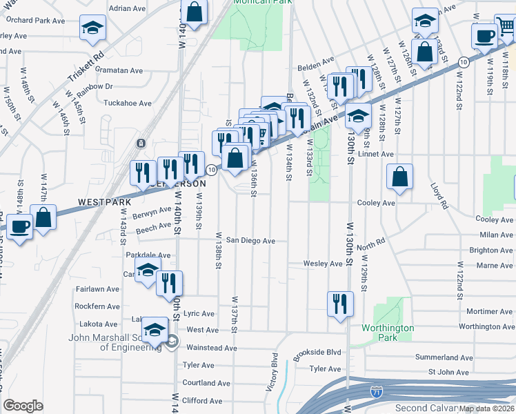 map of restaurants, bars, coffee shops, grocery stores, and more near 3682 West 136th Street in Cleveland