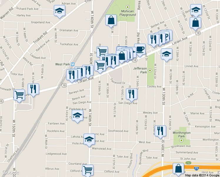 map of restaurants, bars, coffee shops, grocery stores, and more near 3661 W 138th St in Cleveland