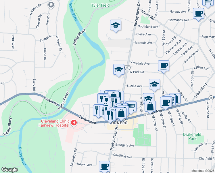 map of restaurants, bars, coffee shops, grocery stores, and more near 17424 Dartmouth Avenue in Cleveland