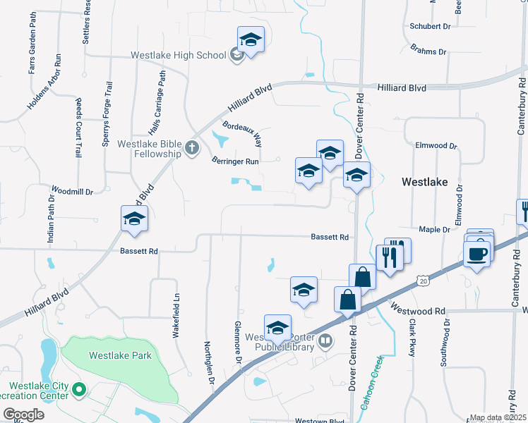 map of restaurants, bars, coffee shops, grocery stores, and more near 27542 Bassett Road in Westlake