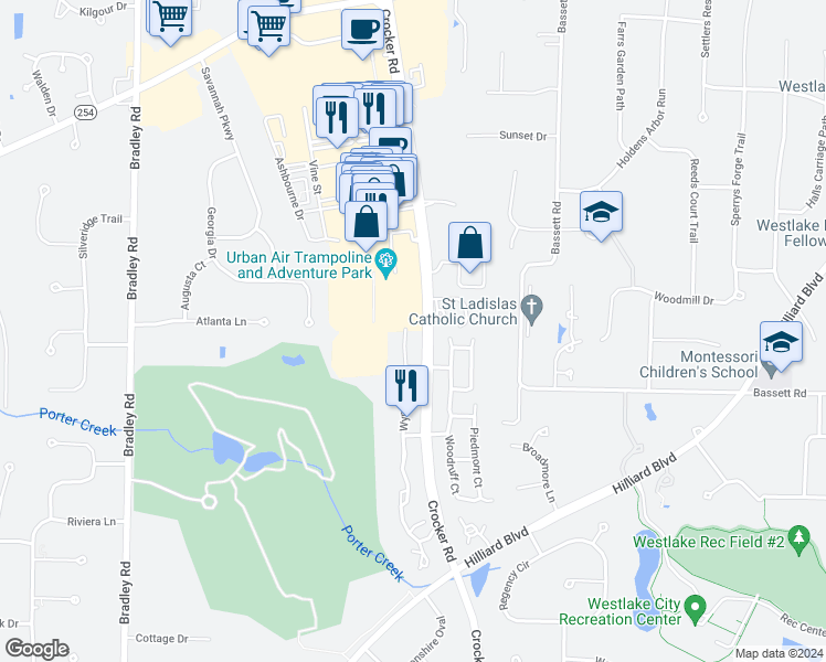 map of restaurants, bars, coffee shops, grocery stores, and more near 2523 Wyndgate Court in Westlake
