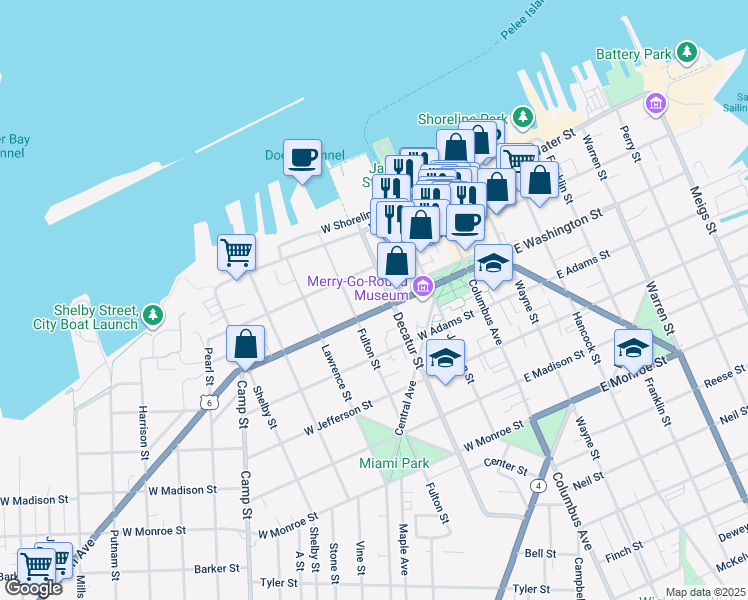map of restaurants, bars, coffee shops, grocery stores, and more near in Sandusky