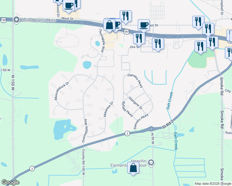 map of restaurants, bars, coffee shops, grocery stores, and more near 1800-1898 Maumee Drive in Valparaiso
