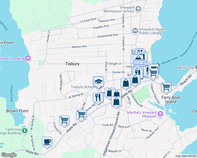 map of restaurants, bars, coffee shops, grocery stores, and more near 54 Amelia's Crossing in Tisbury