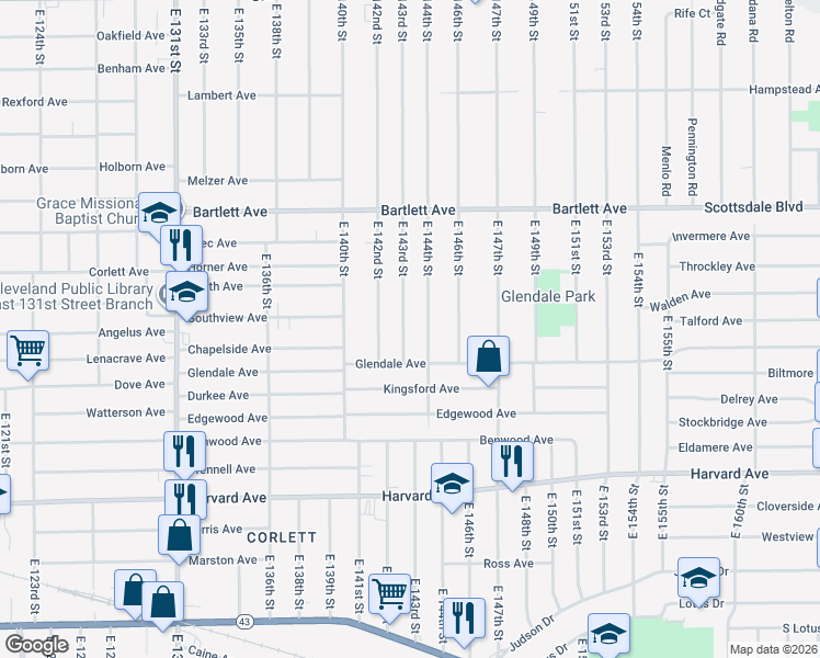 map of restaurants, bars, coffee shops, grocery stores, and more near 3873 East 143rd Street in Cleveland