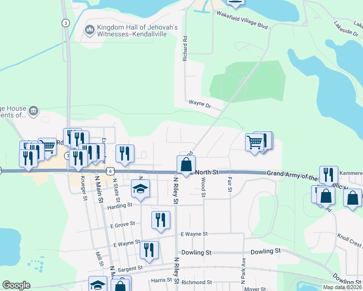 map of restaurants, bars, coffee shops, grocery stores, and more near 408 Haley Dr in Kendallville