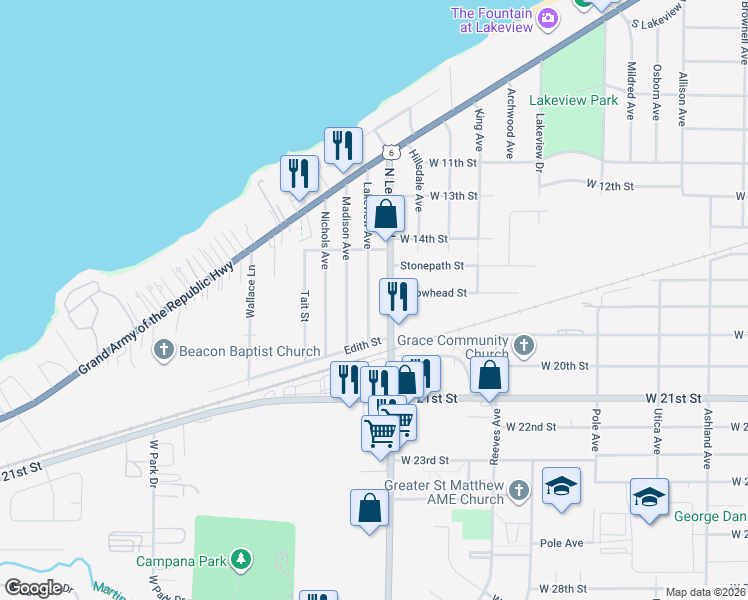 map of restaurants, bars, coffee shops, grocery stores, and more near 1721 Lakeview Ave in Lorain