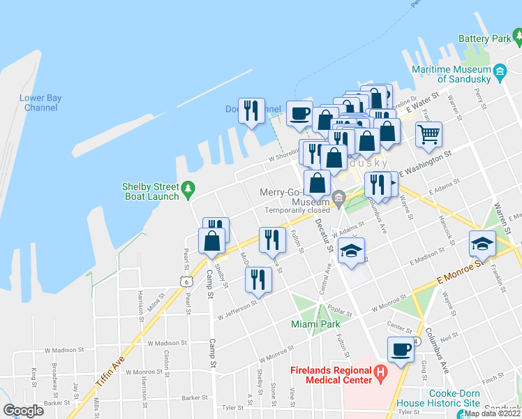 map of restaurants, bars, coffee shops, grocery stores, and more near 810 West Market Street in Sandusky