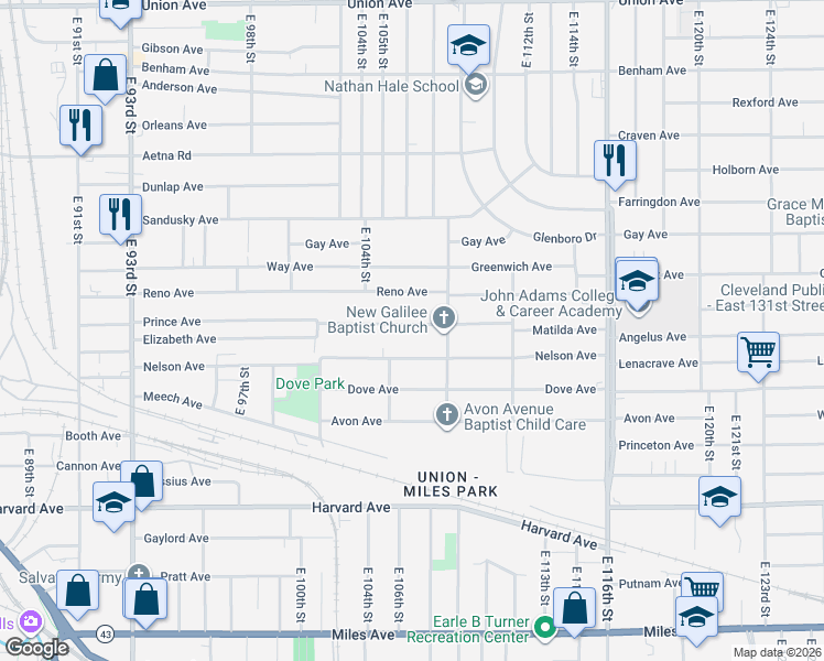 map of restaurants, bars, coffee shops, grocery stores, and more near 10618 Prince Avenue in Cleveland