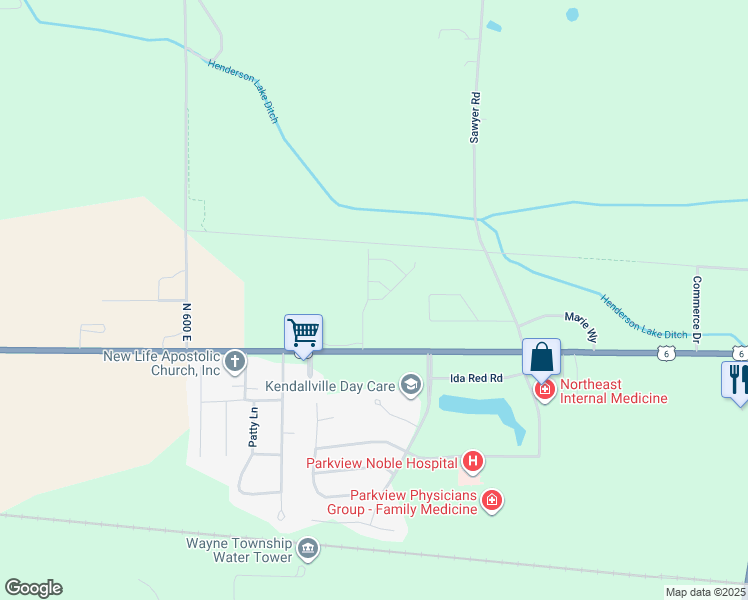map of restaurants, bars, coffee shops, grocery stores, and more near 802 Gloriosa Circle in Kendallville