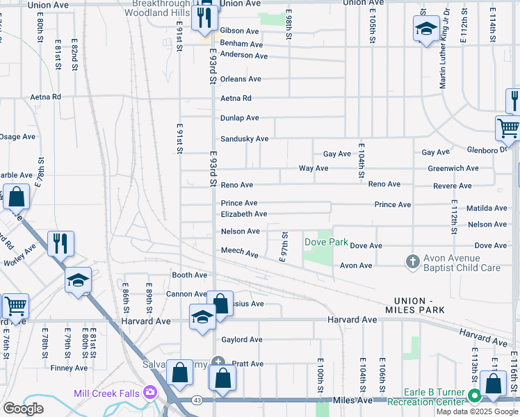 map of restaurants, bars, coffee shops, grocery stores, and more near 9617 Elizabeth Avenue in Cleveland