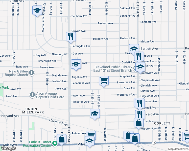 map of restaurants, bars, coffee shops, grocery stores, and more near 12017 Angelus Avenue in Cleveland