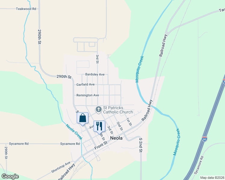 map of restaurants, bars, coffee shops, grocery stores, and more near 506 2nd Street in Neola