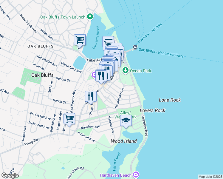 map of restaurants, bars, coffee shops, grocery stores, and more near 46 Narragansett Avenue in Oak Bluffs