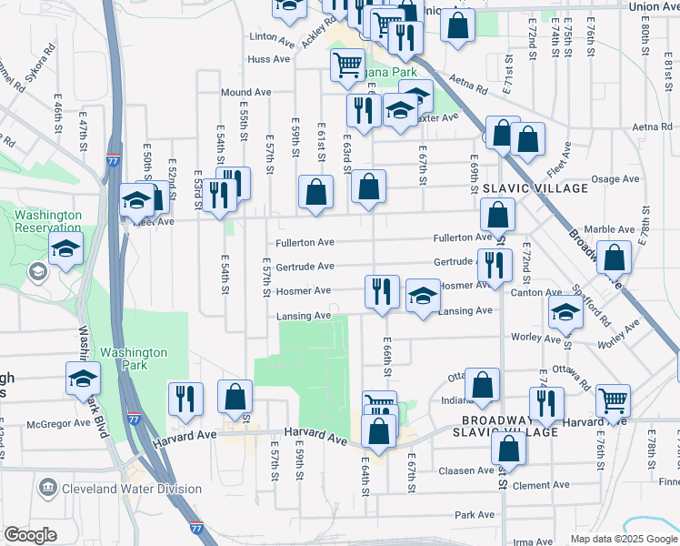map of restaurants, bars, coffee shops, grocery stores, and more near 6210 Gertrude Ave in Cleveland