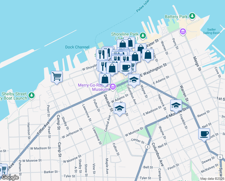map of restaurants, bars, coffee shops, grocery stores, and more near 301 East Washington Street in Sandusky