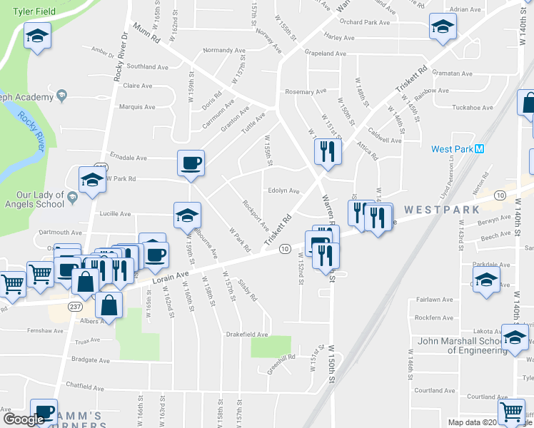 map of restaurants, bars, coffee shops, grocery stores, and more near 3647 West 155th Street in Cleveland