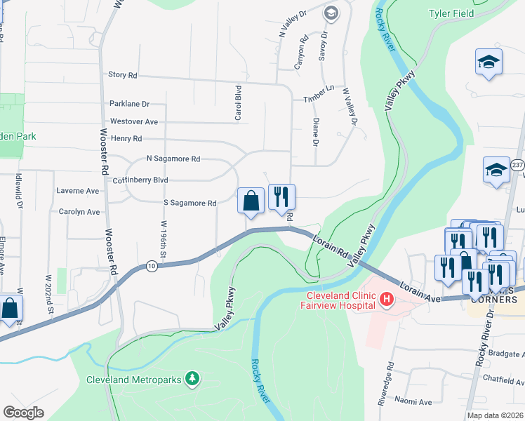 map of restaurants, bars, coffee shops, grocery stores, and more near 4306 Virginia Drive in Fairview Park
