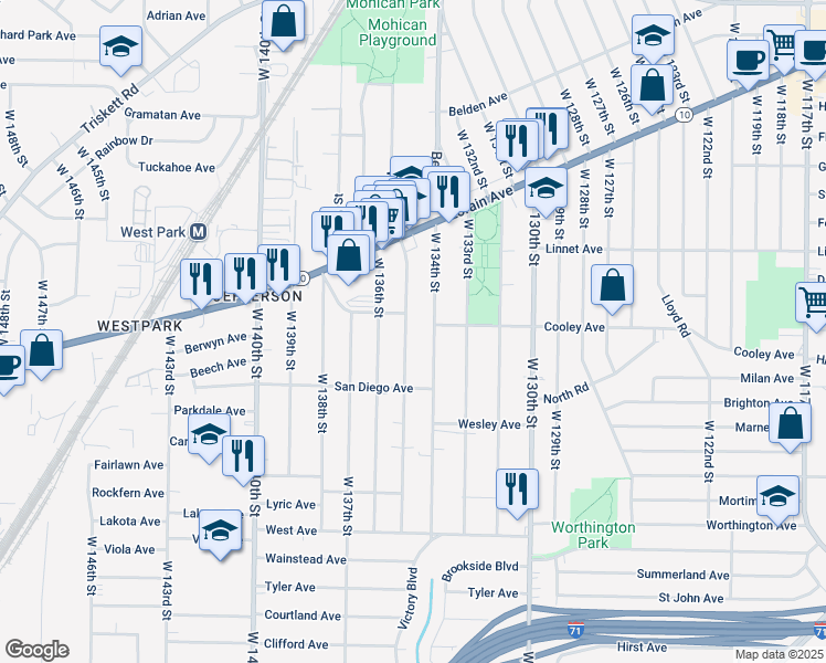 map of restaurants, bars, coffee shops, grocery stores, and more near 3683 West 135th Street in Cleveland