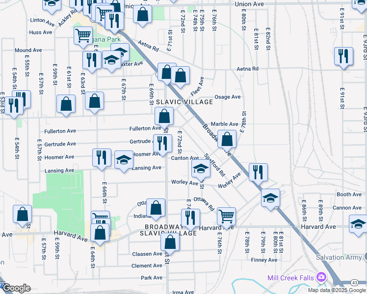 map of restaurants, bars, coffee shops, grocery stores, and more near 3839 E 72nd St in Cleveland