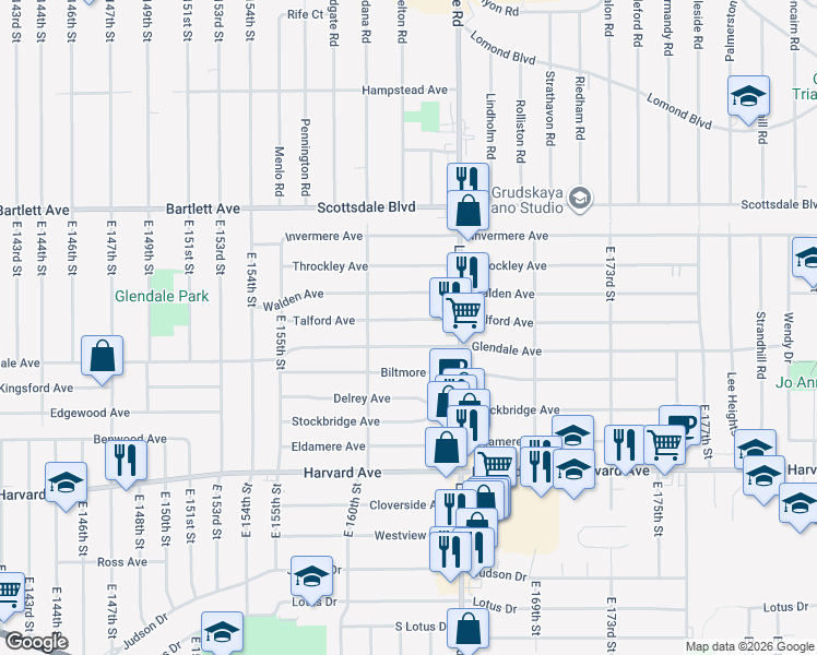 map of restaurants, bars, coffee shops, grocery stores, and more near 16300 Talford Ave in Cleveland