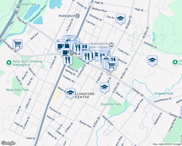 map of restaurants, bars, coffee shops, grocery stores, and more near 34 South Whittlesey Avenue in Wallingford