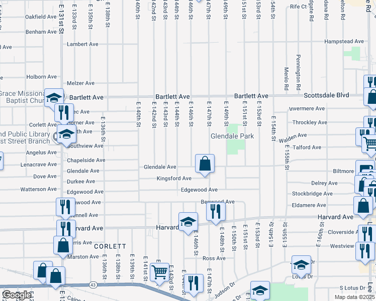 map of restaurants, bars, coffee shops, grocery stores, and more near 3870 East 146th Street in Cleveland