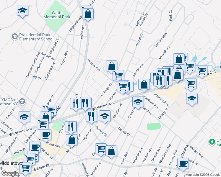 map of restaurants, bars, coffee shops, grocery stores, and more near 152 1/2 Cottage Street in Middletown