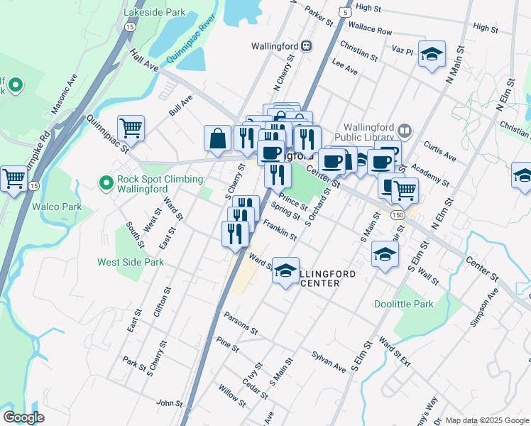 map of restaurants, bars, coffee shops, grocery stores, and more near 148 South Colony Road in Wallingford