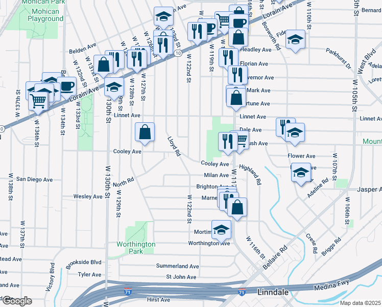 map of restaurants, bars, coffee shops, grocery stores, and more near 3639 West 122nd Street in Cleveland