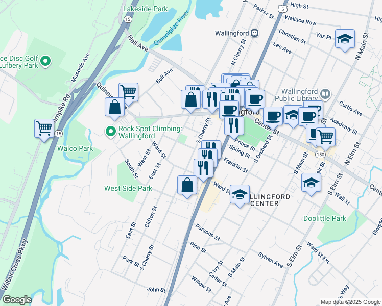 map of restaurants, bars, coffee shops, grocery stores, and more near 91 South Cherry Street in Wallingford