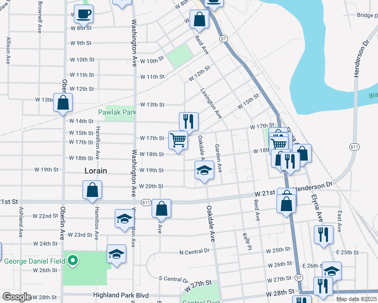 map of restaurants, bars, coffee shops, grocery stores, and more near 1767 Long Avenue in Lorain