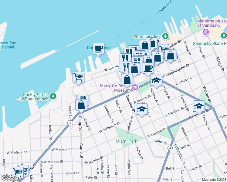 map of restaurants, bars, coffee shops, grocery stores, and more near 216 Fulton Street in Sandusky
