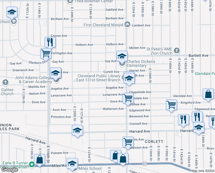 map of restaurants, bars, coffee shops, grocery stores, and more near 12705 Angelus Avenue in Cleveland
