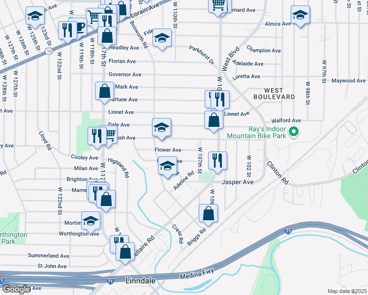 map of restaurants, bars, coffee shops, grocery stores, and more near 10820 Flower Avenue in Cleveland
