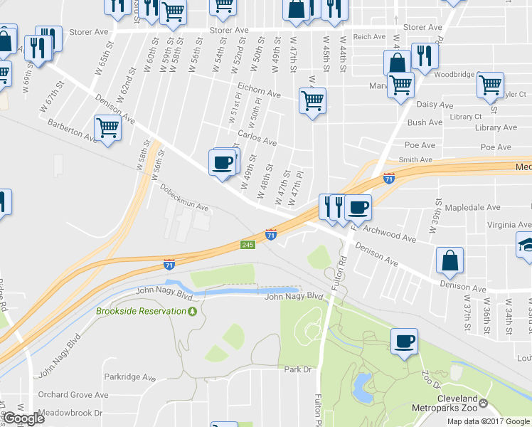 map of restaurants, bars, coffee shops, grocery stores, and more near 4735 Denison Avenue in Cleveland