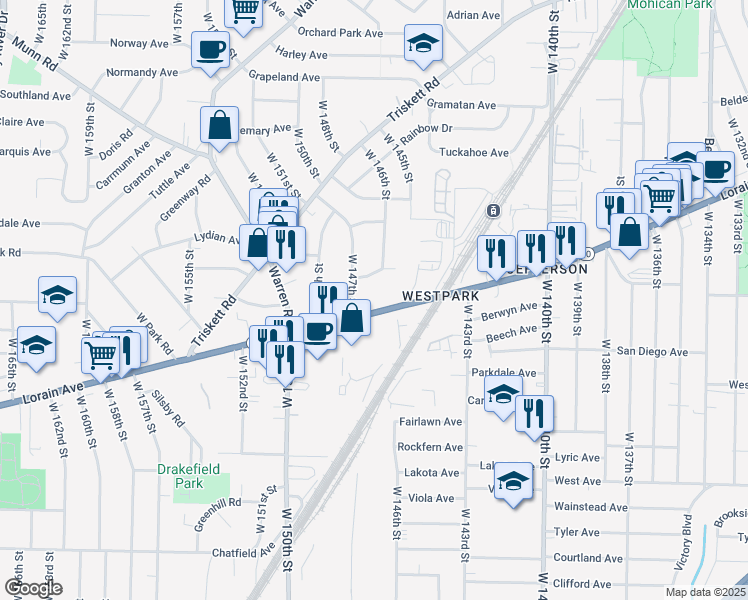 map of restaurants, bars, coffee shops, grocery stores, and more near 3621 West 147th Street in Cleveland