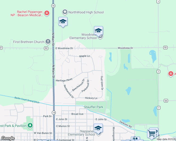 map of restaurants, bars, coffee shops, grocery stores, and more near 506 Heritage Parkway in Nappanee