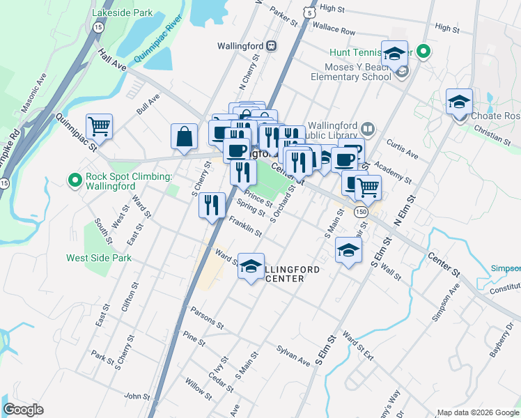 map of restaurants, bars, coffee shops, grocery stores, and more near 54 Spring Street in Wallingford