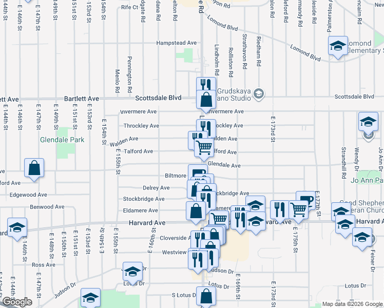 map of restaurants, bars, coffee shops, grocery stores, and more near 3870 Lee Road in Cleveland