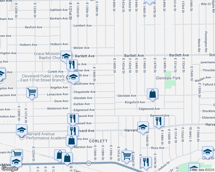 map of restaurants, bars, coffee shops, grocery stores, and more near 3872 East 140th Street in Cleveland