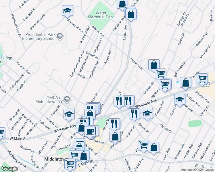 map of restaurants, bars, coffee shops, grocery stores, and more near 128 Linden Avenue in Middletown