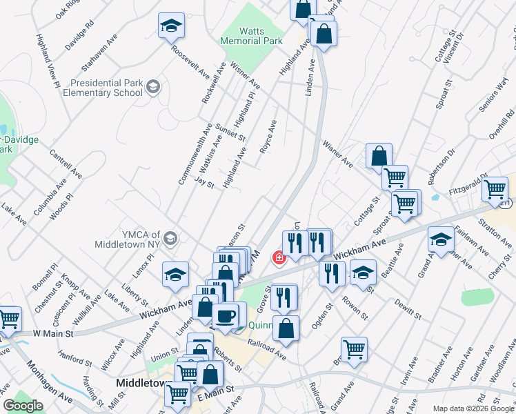 map of restaurants, bars, coffee shops, grocery stores, and more near 37 Beacon Street in Middletown