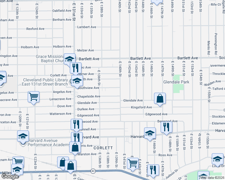 map of restaurants, bars, coffee shops, grocery stores, and more near 3872 East 140th Street in Cleveland