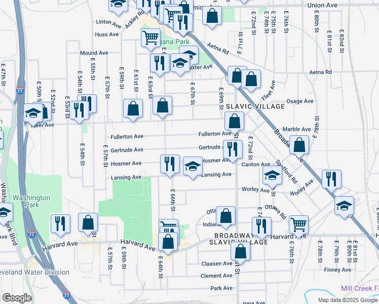 map of restaurants, bars, coffee shops, grocery stores, and more near 6608 Gertrude Avenue in Cleveland